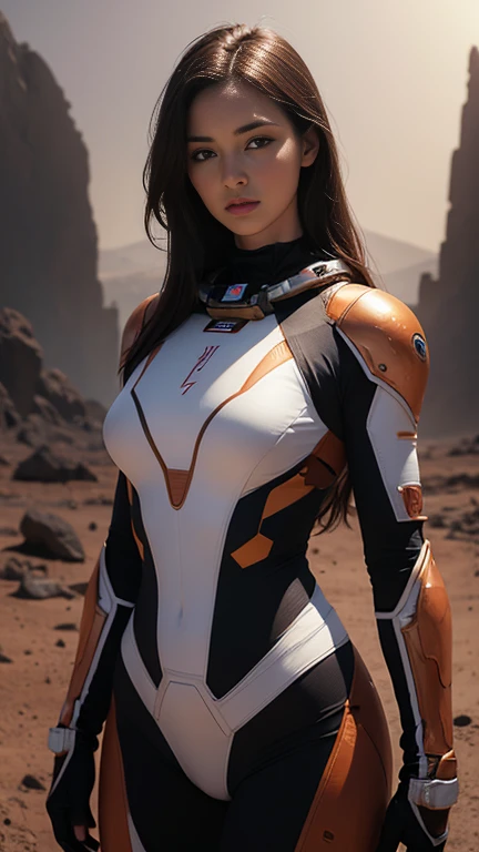 Hyperrealistic of a beautiful young woman in space suit in the style of Möbius , beautiful breasts, a ruin surface of Mars background ,dynamic pose, medium long shot, soft lighting , gentle shadows, dim light, dark fantasy,