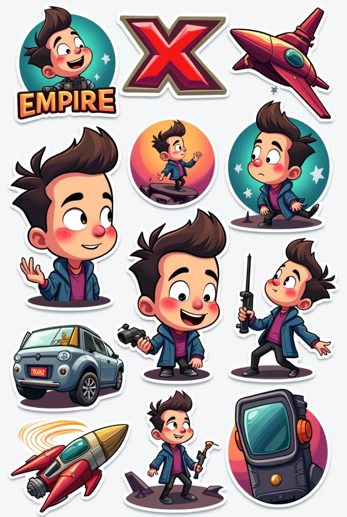 Create a sticker pack or emoji set for telegram features elements from X Empire - characters, symbols, logos, or anything from the game using a unique and original cartoon character that captures Elon Musk distinctive 