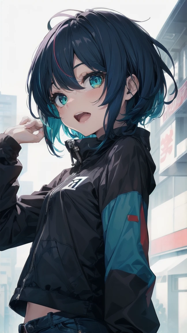 Close-up of a manga girl with blue hair and a yellow shirt, 2D Animation, 2D Animation style, 2D Art, 2D Art, 2D from Gorillaz, 2D from Gorillaz, 2D Gorillaz, Screaming Cerket, 2D Sprite, Jinx Face, short hair, Small breasts, hot pants, ((Black Hair, Inner bright blue hair:1.4)), Slanted Eyes