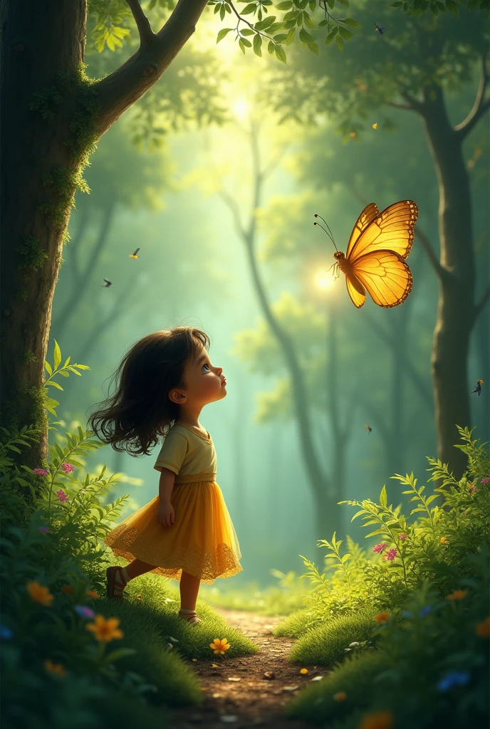 "The girl, Aisha, following the golden butterfly through a dense, green forest, with sunlight filtering through the trees and creating a magical atmosphere."