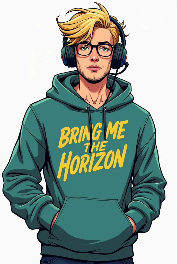 DC Comics style image, sexy 20 year old man, messy haired blonde with green eyes wearing glasses wearing gamer headsets, unshaven beard, with hands in pockets, with a sweatshirt that says Bring Me The Horizon