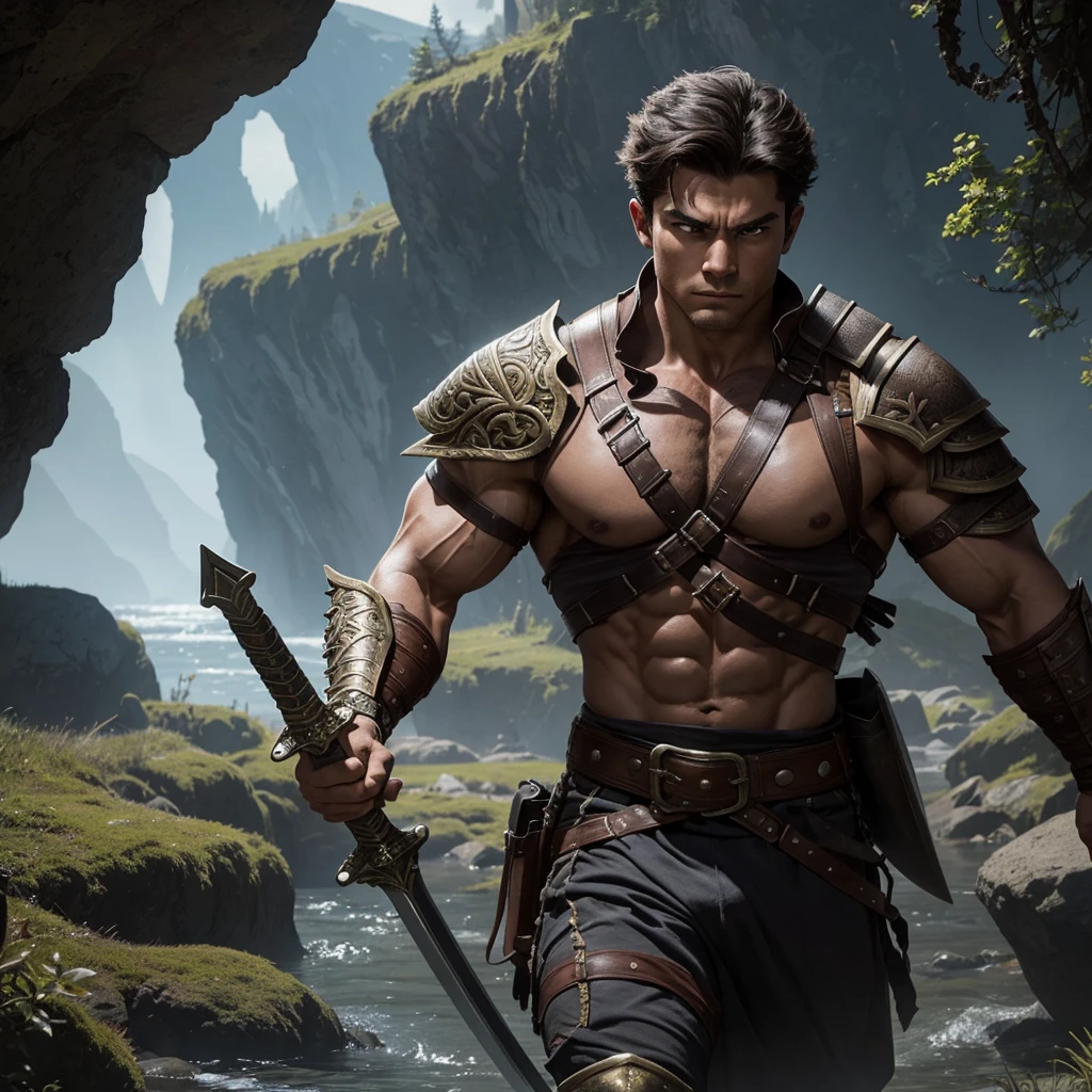 A muscular young adventurer, with chiseled features and strength that surpasses his peers, embarks on a thrilling journey through untamed wilderness. Armed with a heavy sword slung across his back, a sturdy shield strapped to his arm, and leather armor adorned with intricate engravings, he faces daunting challenges at every turn. With each obstacle, his muscles flex with raw power as he wields his weapons skillfully, determined to uncover ancient secrets and prove his might against legendary creatures. His adventure is not just a test of strength, but also of wit and courage.