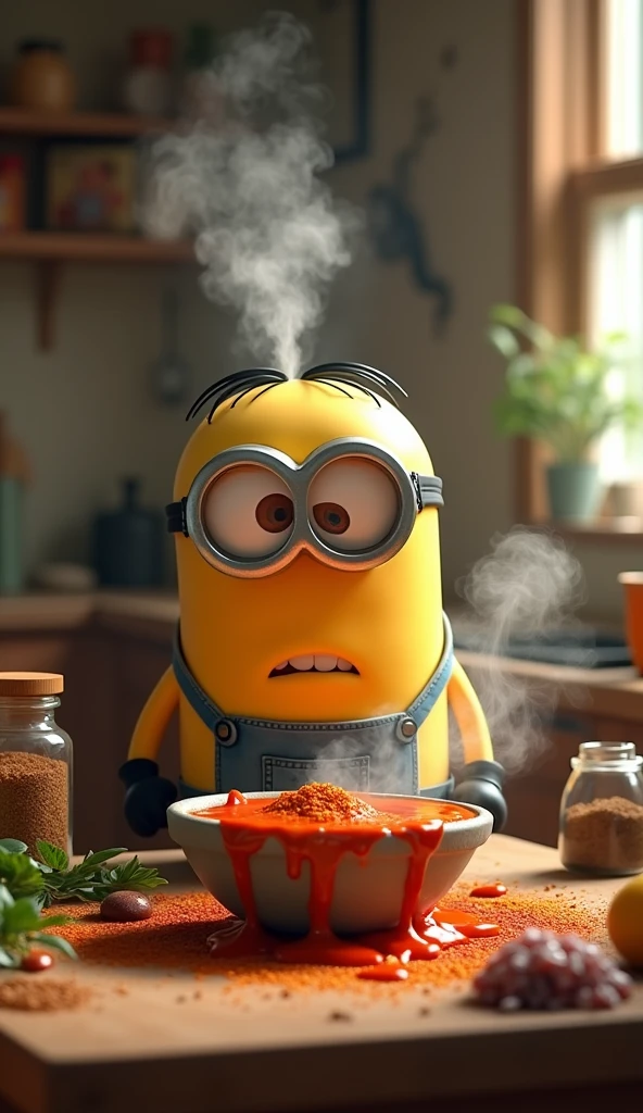 Minion Kevin makes sauce, on the table,But add too much seasoning and the sauce becomes thick..