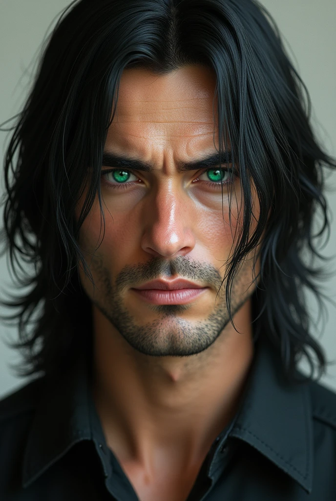 (photorealism:1.2), mature man, White skin, European, long straight black hair, Deep eyes, intense emerald green color, fine features, full lips, slim muscular 
