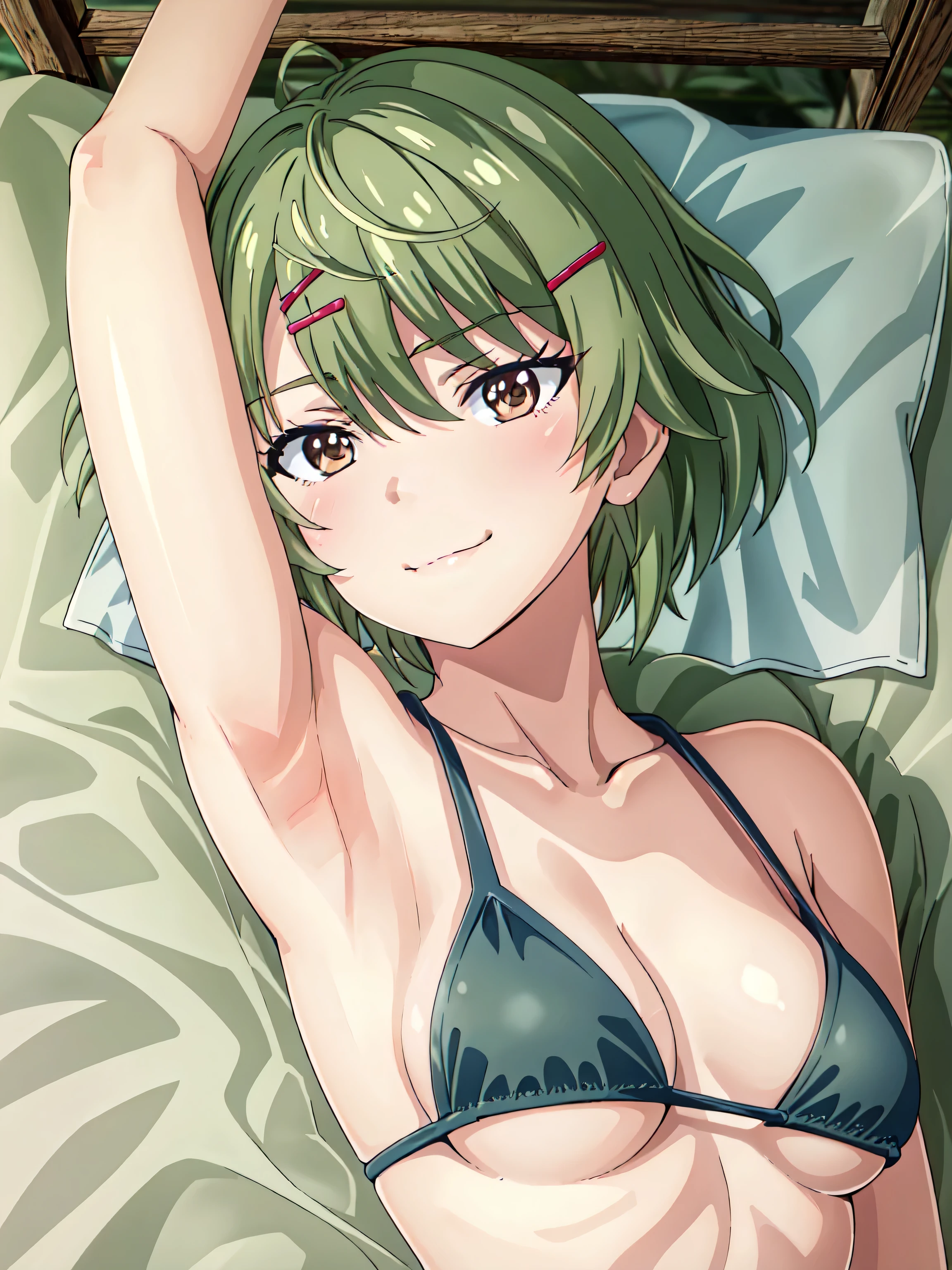 Manabe, (green hair, medium hair, hair ribbon, x hairclip:1.2), (brown eyes, shining brown eyes:1.3), (medium breasts:1.2), micro bikini, black micro bikini, outdoors, day, beach, 1girl, solo, anime screencap, frontlighting, masterpiece, absurdres, hdr, soft light, best quality, detailed, highres, shiny skin, shiny hair, (looking at viewer, eye contact with viewer:1.5), smile, smug, blush, (closed mouth:1.2), arm up, raised arm, armpit, lying on back, lying on towel, from side, from above 