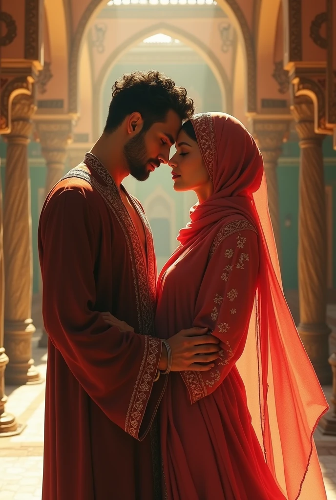 Sexy young lady in hijab romance with a handsome hot man wearing kurta pajama in Arab side realistic 