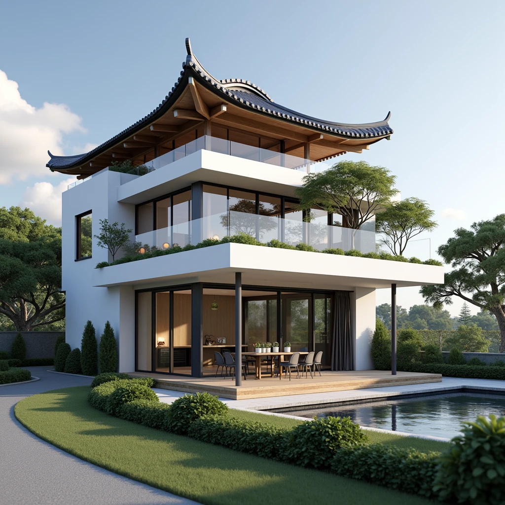 chef-d'œuvre, (photoréaliste : 1,2), meilleure qualité, haute résolution, extérieur, architecture de maison de jardin, maison entièrement fonctionnelle, architecture de toit japonaise, toit de style japonais, toit japonais, mur blanc, fenêtre en verre, arbres, routes, design, arbres environnants, ciel bleu, style d'affichage réaliste super détaillé, 32 000 uhd, faible angle, structure composite, pile/pile, conception de page créative, lumière du jour, rendu (Vray : 1.1)