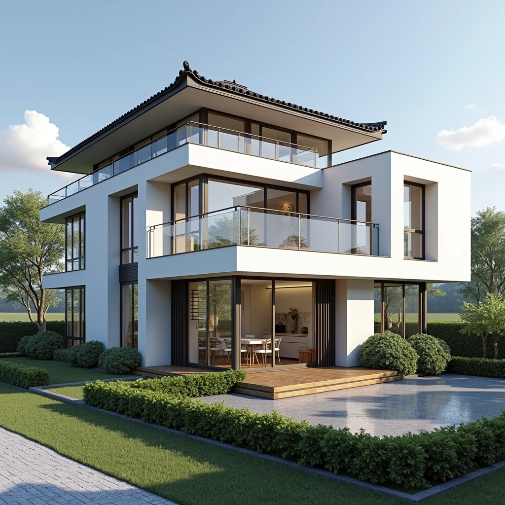 chef-d'œuvre, (photoréaliste : 1,2), meilleure qualité, haute résolution, extérieur, architecture de maison de jardin, maison entièrement fonctionnelle, architecture de toit japonaise, toit de style japonais, toit japonais, mur blanc, fenêtre en verre, arbres, routes, design, arbres environnants, ciel bleu, style d'affichage réaliste super détaillé, 32 000 uhd, faible angle, structure composite, pile/pile, conception de page créative, lumière du jour, rendu (Vray : 1.1)