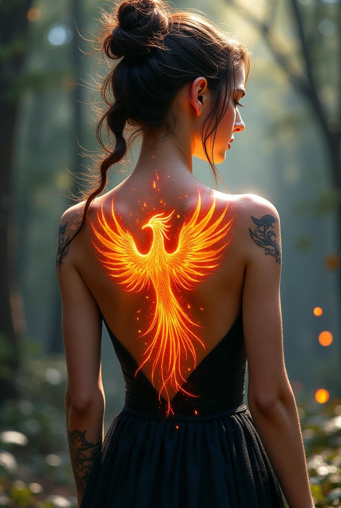 watercolor art, fantasy art, goth art, a picture of a tattoo on the back of a female elf, a glowing tattoo of a ((phoenix: 1.3)) on the elf's back, the ((phoenix tattoo)) is vivid, intricate detailed coming to life from the ink to real life, ((fire surrounds the phoenix: 1.5)), shoot taken from the back, ((the back is visible: 1.3), she wears a transparent black dress, the dress is elegant, flowing, elven style, that the tattoos glow, dynamic hair color, dynamic hair style, faize,, Digital Painting