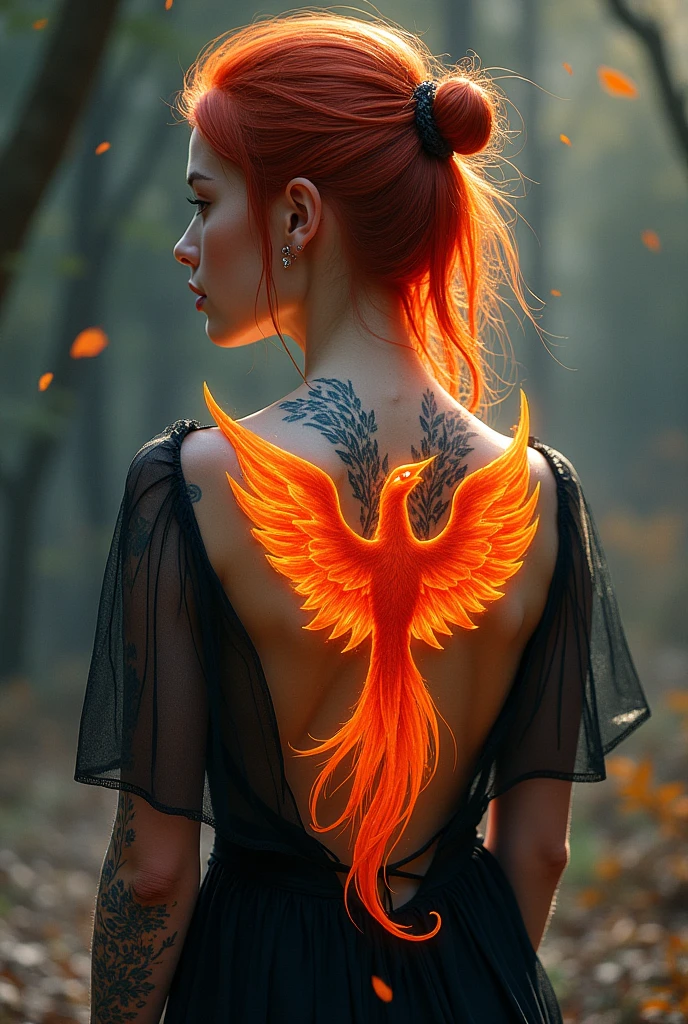 watercolor art, fantasy art, goth art, a picture of a tattoo on the back of a female elf, a glowing tattoo of a ((phoenix: 1.3)) on the elf's back, the ((phoenix tattoo)) is vivid, intricate detailed coming to life from the ink to real life, ((fire surrounds the phoenix: 1.5)), shoot taken from the back, ((the back is visible: 1.3), she wears a transparent black dress, the dress is elegant, flowing, elven style, that the tattoos glow, dynamic hair color, dynamic hair style, faize,, Digital Painting