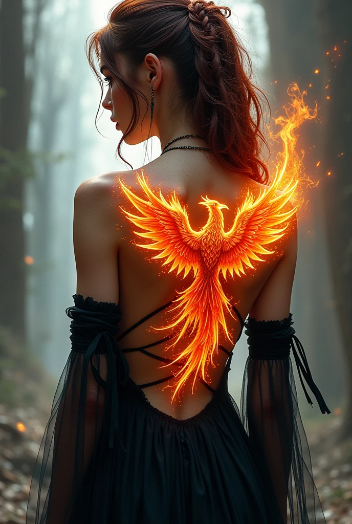 watercolor art, fantasy art, goth art, a picture of a tattoo on the back of a female elf, a glowing tattoo of a ((phoenix: 1.3)) on the elf's back, the ((phoenix tattoo)) is vivid, intricate detailed coming to life from the ink to real life, ((fire surrounds the phoenix: 1.5)), shoot taken from the back, ((the back is visible: 1.3), she wears a transparent black dress, the dress is elegant, flowing, elven style, that the tattoos glow, dynamic hair color, dynamic hair style, faize,, Digital Painting