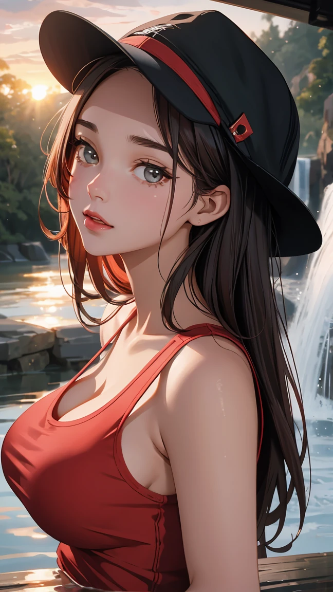 Close-up of a beautiful young woman with a youthful face., Big breasts 1.2, Wear a tank top, Red Hat, At the waterfall, sunset light, cinematic scene, UHD