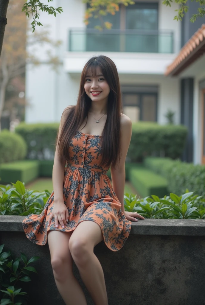 A beautiful asian and young girl.Her facial features are exquisite and fully conform to the golden ratio of human anatomy...Her long,waving long brown hair, medium breasts, huge chest, fat body, beautiful scenery, big breasts, big, big , busty , Medium breast, big , wearing a sexy poofy shoulder peach print mini dress, sexy pose , medium breasts , medium breasts, huge , full body shot, thick body, stilettos pump white heels straps, beautiful smile , leaning back on the wall