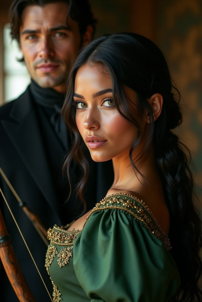 Beautiful 20 year old woman of Apache and English descent, ( very realistic ) Victorian era black hair, cinnamon skin and green eyes perfect face [( very fine and very innocent) ]and a body of perfect curves and big breasts. Dressed in a Robin Hood costume ( like green skin in keeping with the Victorian era ) with his bow and arrow.  Behind her back is a super handsome 30-year-old man dressed in a Victorian-era black suit, extremely handsome and manly. ( very realistic con un rostro perfecto y sonrisa cálida y cariñosa ) blond with blue eyes as clear as the sky ( Make your eyes perfect with big, detailed eyelashes) 