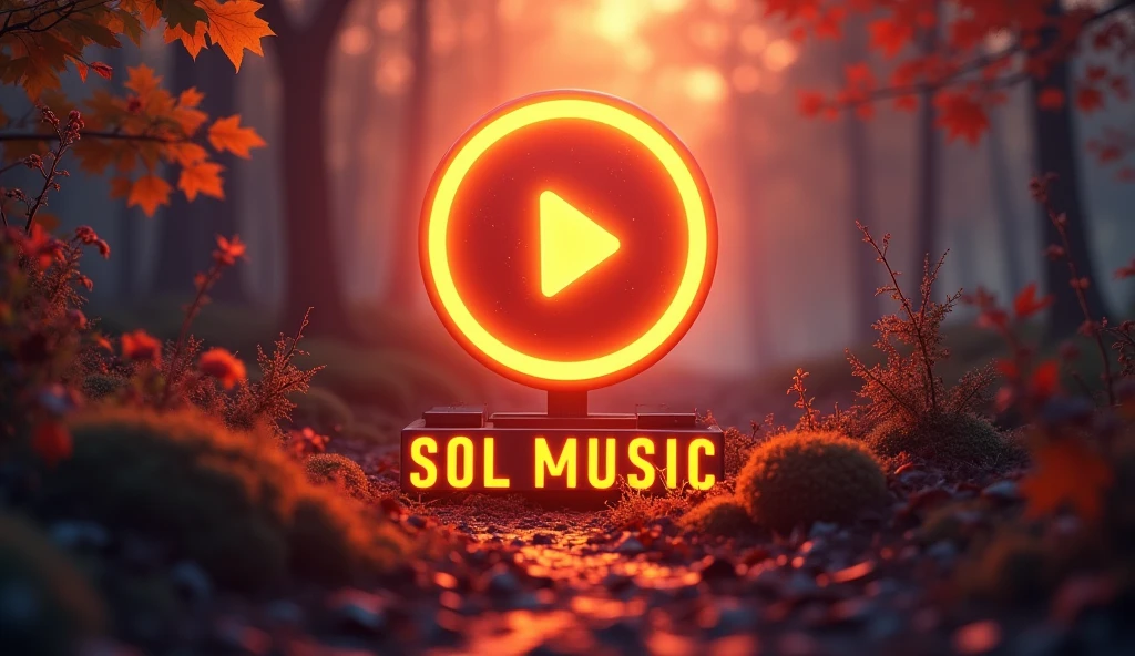 Play button with glowing background Autumm music, the words "Sol Music" (capitalized) below the play button