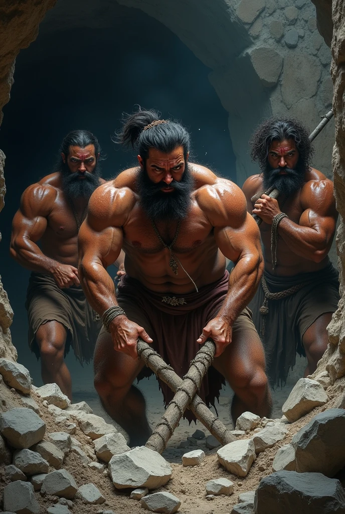 Strong, hairy, bearded mixed-race men dressed in sarongs breaking rocks with great force and sweating heavily inside a dark mine.