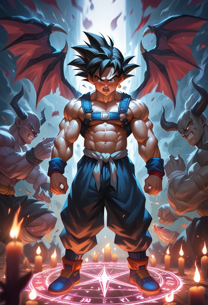 Huge muscles,Crying face,Lots of drool and sweat,Harness,Young face,teenager face,Huge erect penis,Full body image,Young body,Muscular legs,Wearing boots,Large, toned muscles,Goku,super saiyan,Imminent sexual activity,Demon body, wings and horns,Shaking violently,Group Sex,Obscene tattoos,Fantastic magic circle,Lots of ceremonial candles,Flickering flames,Combat start,Ekiben