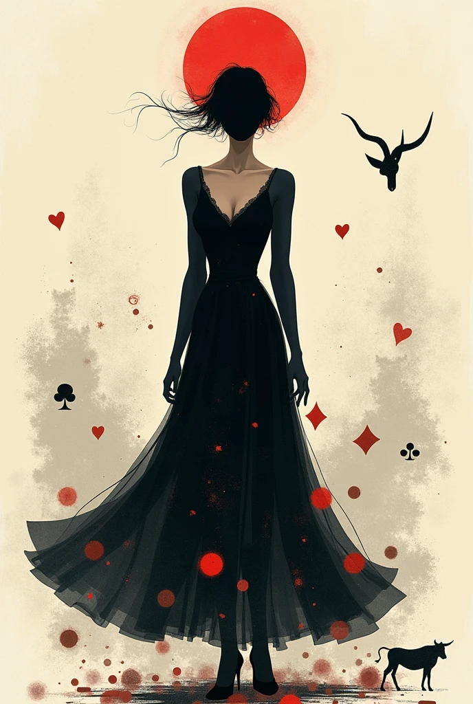 Make me a faceless illustration of what could be a good poster for the contemporary ballet and dance work Carmen by Bizet.
with the title "Carmen by Georges Bizet"
I want a woman to appear and something gypsy in the background, like cards or a very minimalist bull.