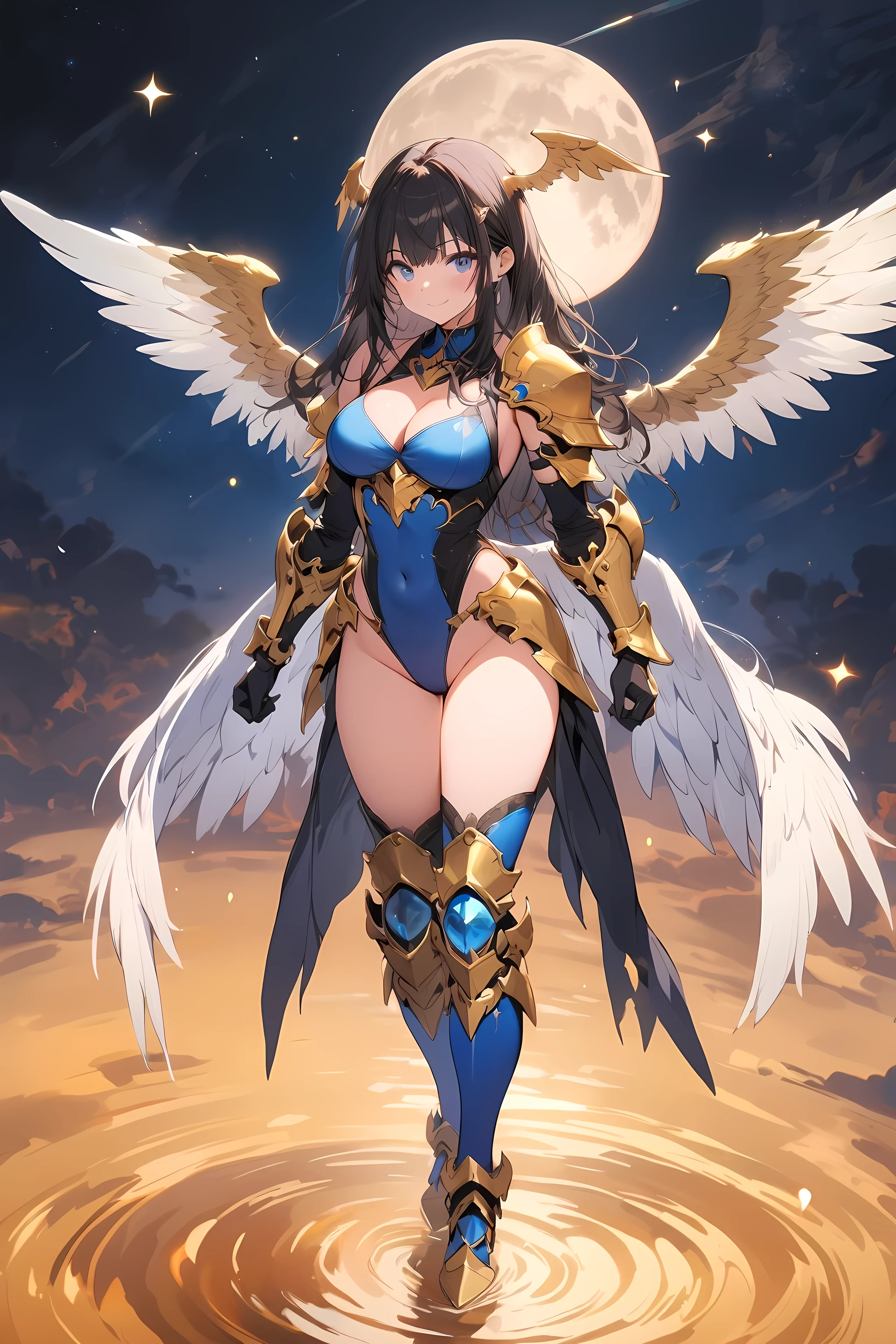 Masterpiece, Best Quality, Extra Detail, 1girl, angel, angel wings, armor, golden armored boots, bangs, black gloves, black hair, blue eyes, blue leotard, boots, breasts, brown hair, cleavage, closed mouth, covered navel, elbow gloves, feathered wings, full body, full moon, full gloves, greaves, head wings, highleg, highleg leotard, large breasts, leotard, long hair, looking at viewer, perfect body, medium breasts, moon, night, night sky, pauldrons, ripples, golden shoulder armor, sky, smile, solo, standing, star \(sky\), starry sky, thighhighs, water, white wings, wings, golden gauntlets, clenched hands, stern look