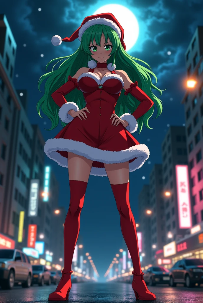 (((1 girl))), wearing the Santa hat, (Tatsumaki of a punch man), (short green hair), (green eyes), large chest, (((wearing sexy red Santa Claus outfit with comes out very short))), (((full body view))), (in the city of Tokyo Japan at night with starry sky and full moon in the sky), (((beautiful and muscular legs))), slim waist, muscles on the abdomen, big ass, (((full body photo))), red high heel shoes, (facing me with her hands on her waist in a bad mood), (((grumpy))), (HDR) , eye flare, extended eyes, extended eyes, Moody, anime, minimalism, anime style, ray tracing, Cinematic lighting, Cinematic lighting, shine, shine, JPEG artifacts, bright light, god rays, ray tracing, drop shadow, panorama, Sony FE, from Behind, Under, Under, UHD, piece of master, precise, accurate, anatomically correct, Super Detalhe, high quality, best quality, very high, 16k, mostrando buceta molhadinha, foco na buceta,