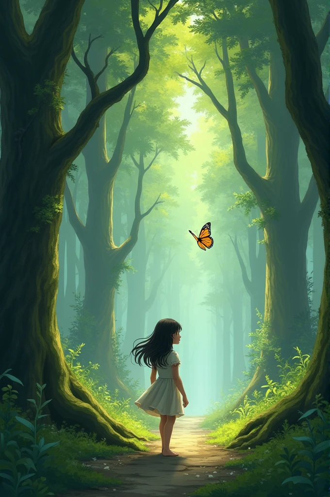 "The butterfly slows down as if guiding the girl, leading her deeper into the forest, with Aisha walking carefully on a narrow path surrounded by tall trees."