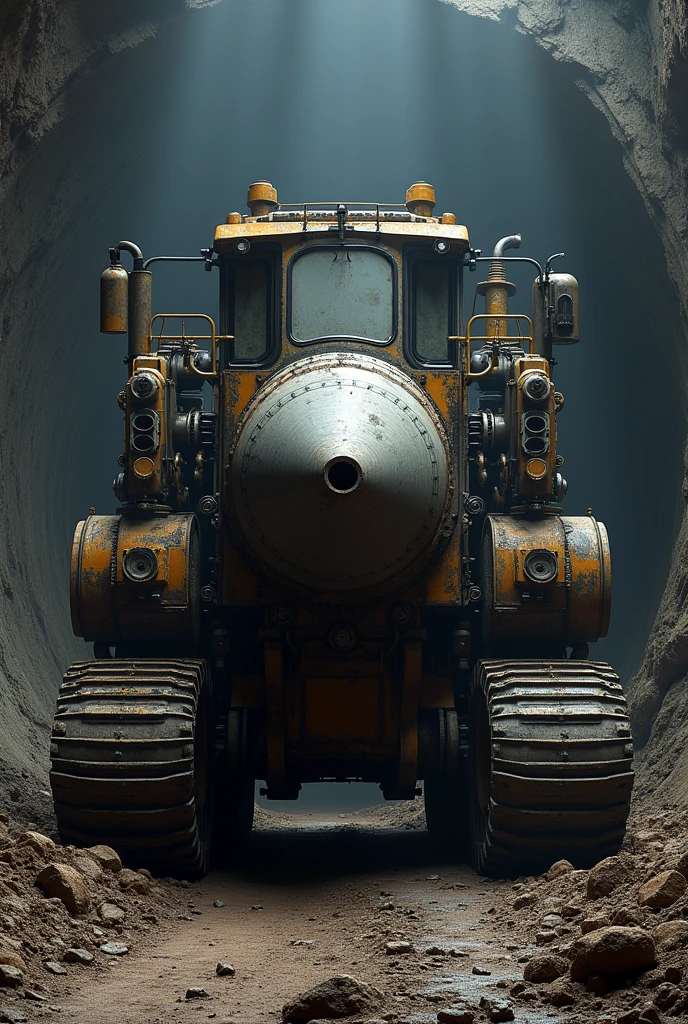 Highest quality, masterpiece, High resolution, A tunnel boring vehicle equipped with a huge tapered conical drill at the front、Drill Gao、Spindle、Conical Gear、Caterpillar、