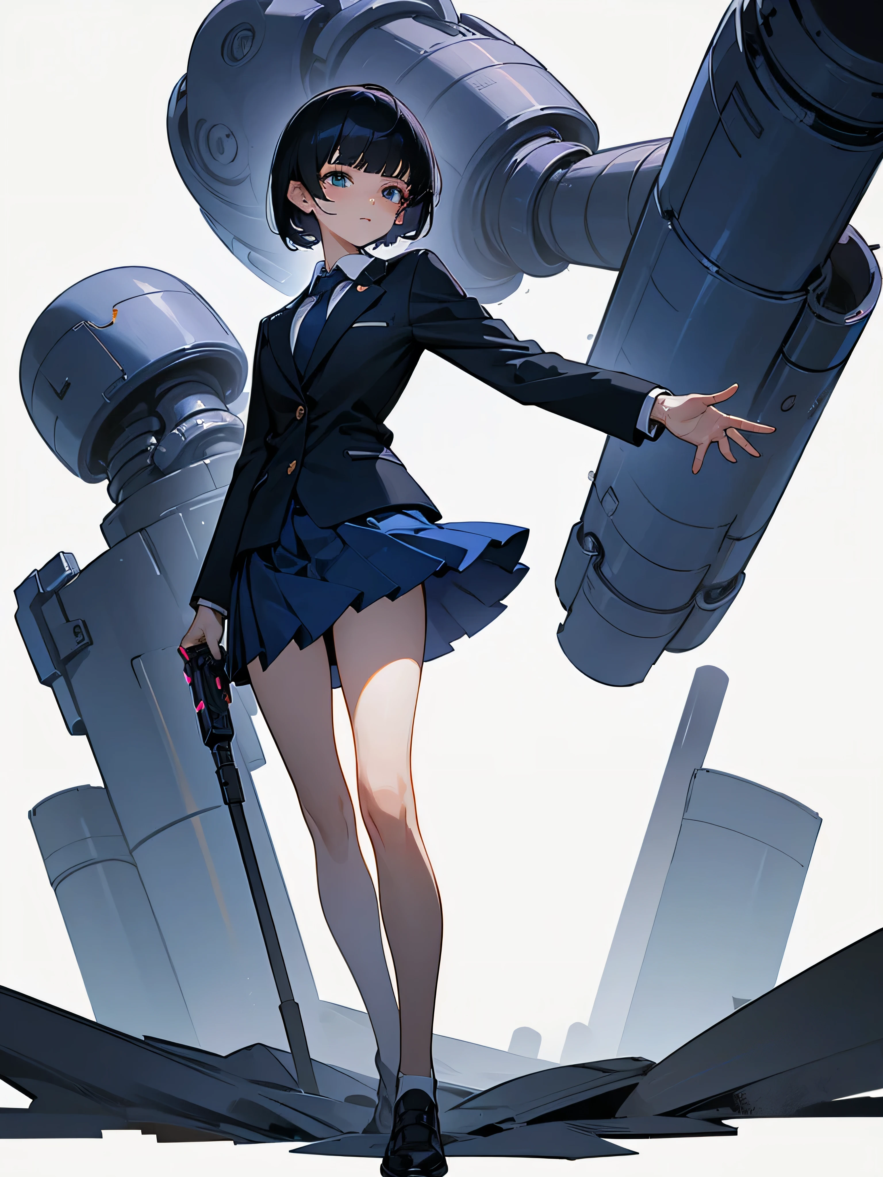 masterpiece, Highest quality, Very detailed, beautiful, One person, alone, Black Hair, short hair, One arm + (Cyber Arm), Facial blemishes,school uniform, tie, blazer, Dark Blue Skirt, Short skirt, Are standing,whole body, after that, White Background, Simple Background, from the front,Looking at the audience,