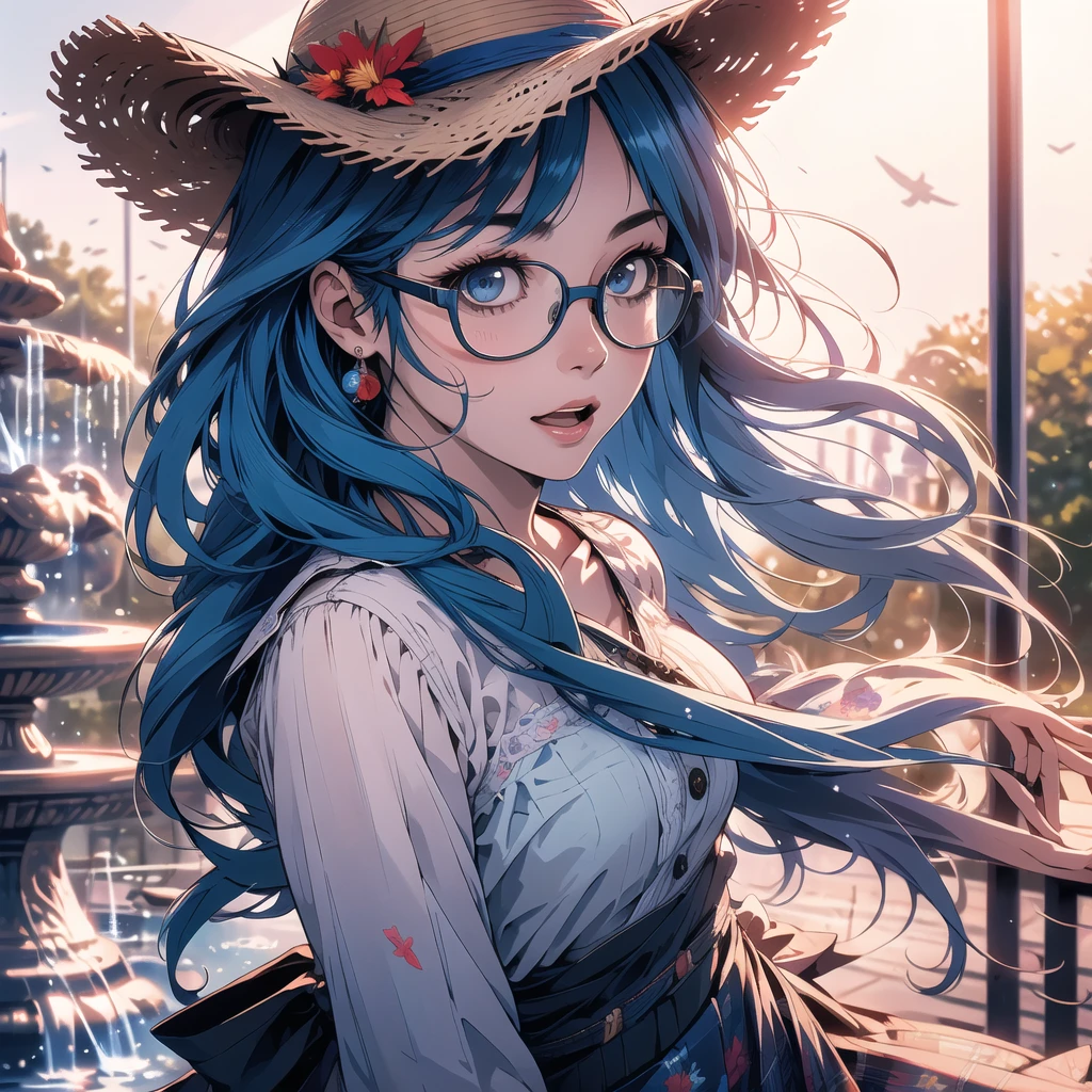 1 woman, long blue hair, glasses, surprised expression, straw hat (flying in the wind), holding down skirt, overhead view, fountain in park, best quality, 4k, 8k, highres, masterpiece:1.2, ultra-detailed, realistic, photorealistic, photo-realistic:1.37, HDR, UHD, studio lighting, ultra-fine painting, sharp focus, physically-based rendering, extreme detail description, professional, vivid colors, bokeh, portrait, strong wind