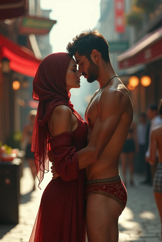 Sexy young lady in hijab romance with a handsome hot man wearing hot underwear in Istanbul side realistic 