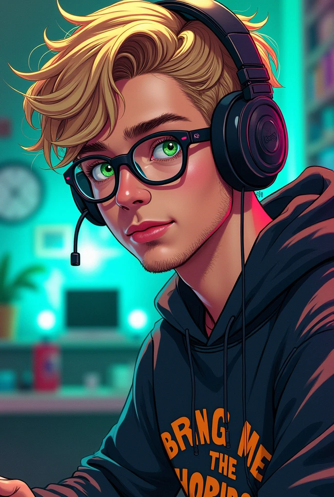 a sexy 20-year-old man, blonde with messy hair and green eyes wearing glasses and gaming headset, unshaven, wearing a Bring Me The Horizon sweatshirt, in a DC comics style illustration, highly detailed, cinematic lighting, vibrant colors, masterpiece