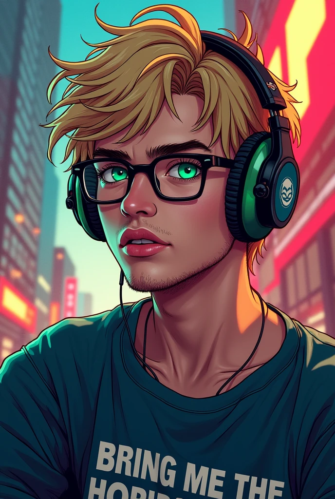a sexy 20-year-old man, blonde with messy hair and green eyes wearing glasses and gaming headset, unshaven, wearing a Bring Me The Horizon sweatshirt, in a DC comics style illustration, highly detailed, cinematic lighting, vibrant colors, masterpiece