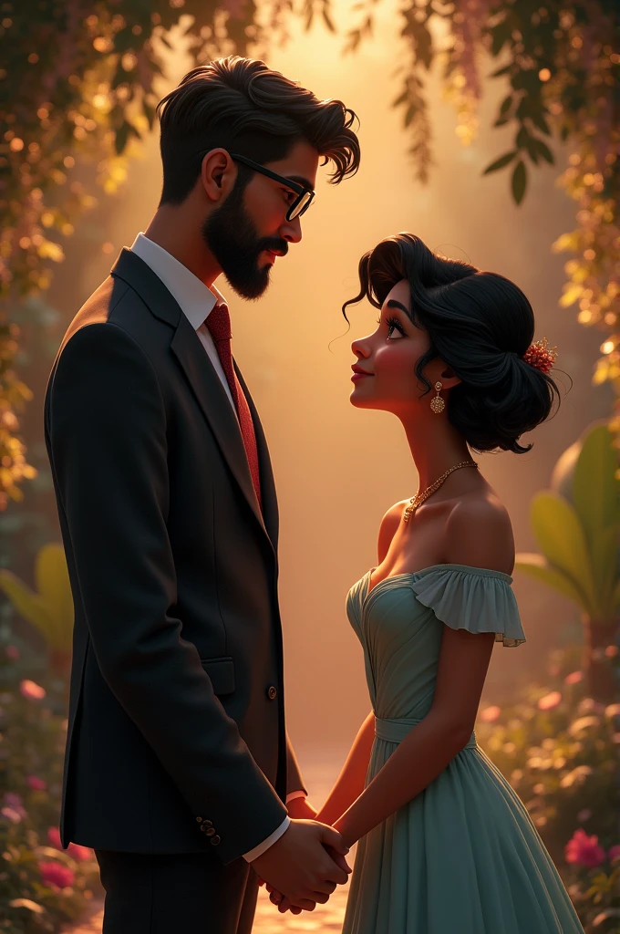a young guy with trim beard formals dusky skin and glasses bit fat proposing princess jasmine with short curled hair 