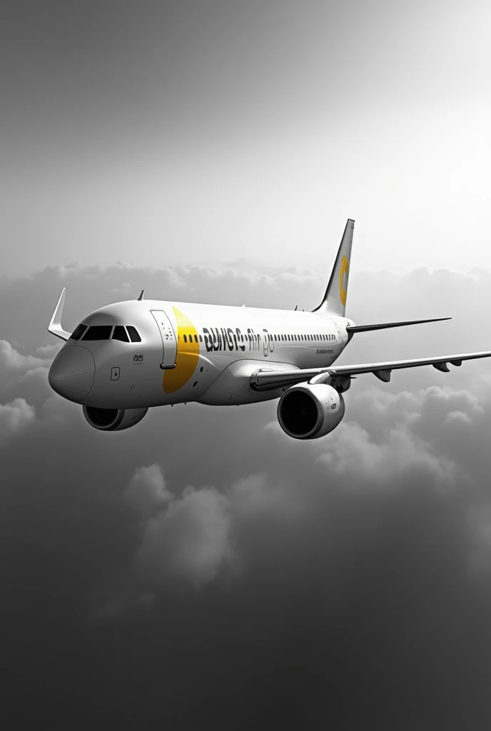 Un avion Europe AIRPOST en plein vol, realistic view with the sky, image en noir et blanc. Avion avec logo EUROPE AIRPOST en JAUNE