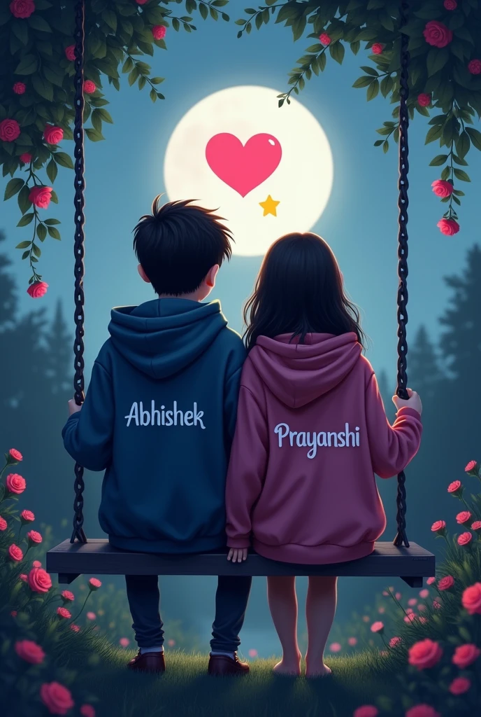 there are a couple both are 2, sitting in front on a swing in the beautiful garden view, they are wearing a navy blue and pink hoodie,boy with name Abhishek, write on it,girl with name prayanshi write on it ,lovely couple, sitting on a moon, heart break emoji,holding hands in the moonlight hyper realistic art painting detail image 