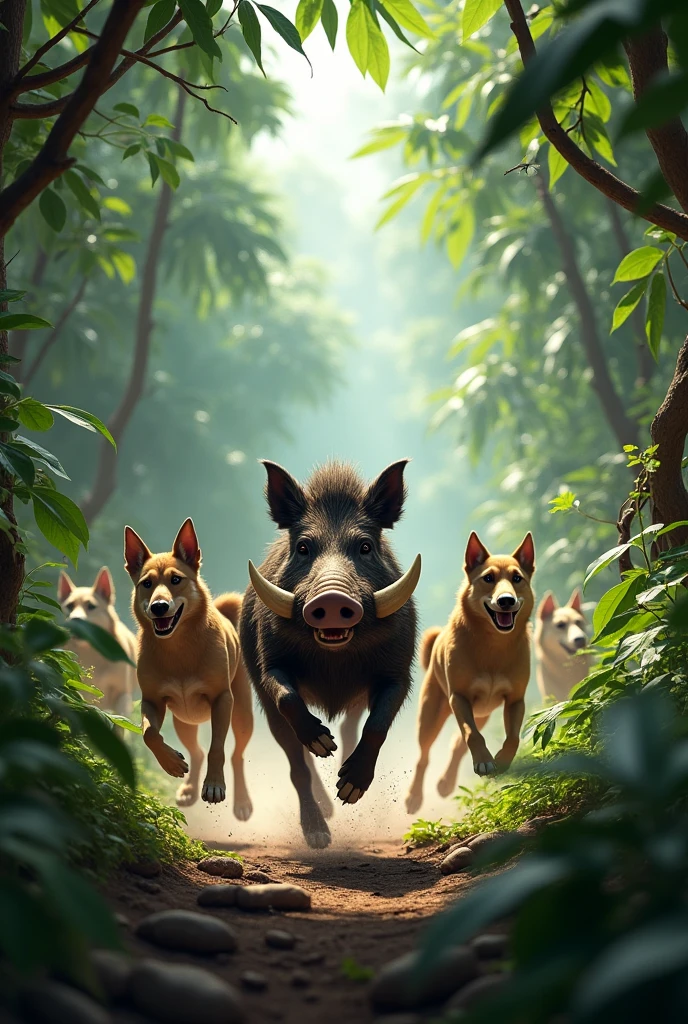 Dozens of dogs chase a wild boar in the dense jungle