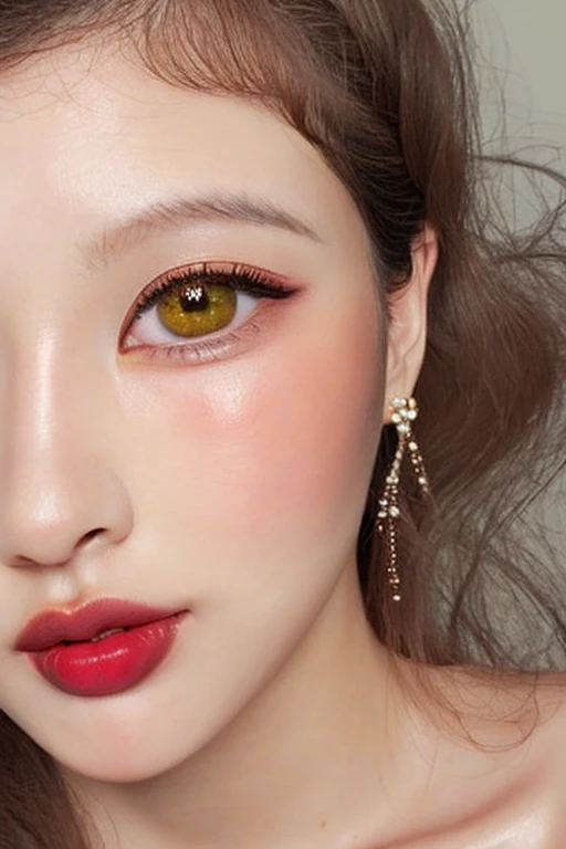 1 girl, close up shot, detailed face, cute face, peach skin tone, smooth skin, blush red cheeks and face, light smirk, long curly hair, attractive makeup, heavy makeup, long eyelashes, long eyeliner, excessive eye makeup, black smokey eyeshadow, heavy eyeshadow, glossy baby pink lipstick, glossy lips, heavy makeup, soft light