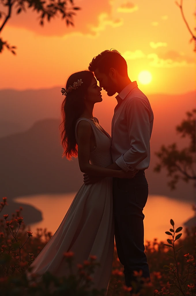 A couple hugging, with a sunset in the background