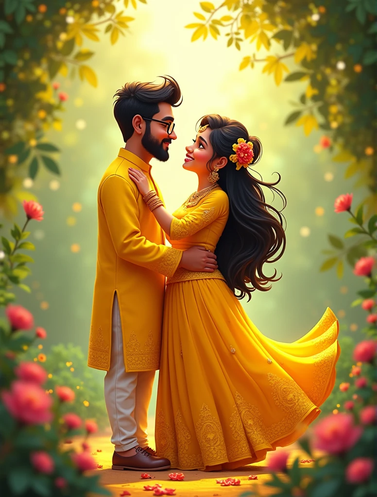 I want a pixar style image of a couple. The groom is wearing a yellow kurta and the bride is wearing a yellow lehenga with open hair and flowers on the hair. They are applying turmeric to each other. They are in love. The bride is chubby and fair and has a dimple. The groom is slightly wheatish in complexion and has frameless spectacles. They are in Love and very happy. 