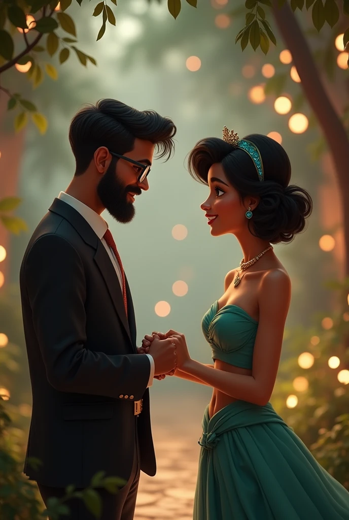 a young guy with trim beard formals dusky skin and glasses bit fat proposing princess jasmine with short curled hair 