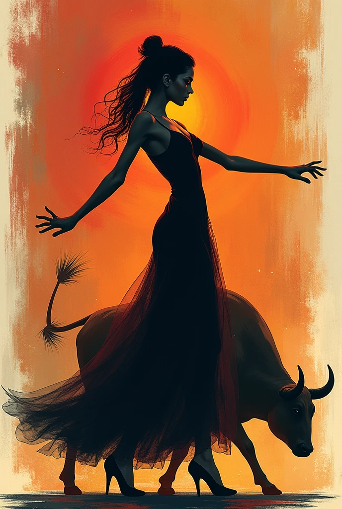 Make me a faceless illustration of what could be a good poster for the contemporary ballet and dance work Carmen by Bizet.
with the title "Carmen by Georges Bizet"
I want a woman to appear and something gypsy in the background., or a very minimalist bull. Let it not look gloomy but happier