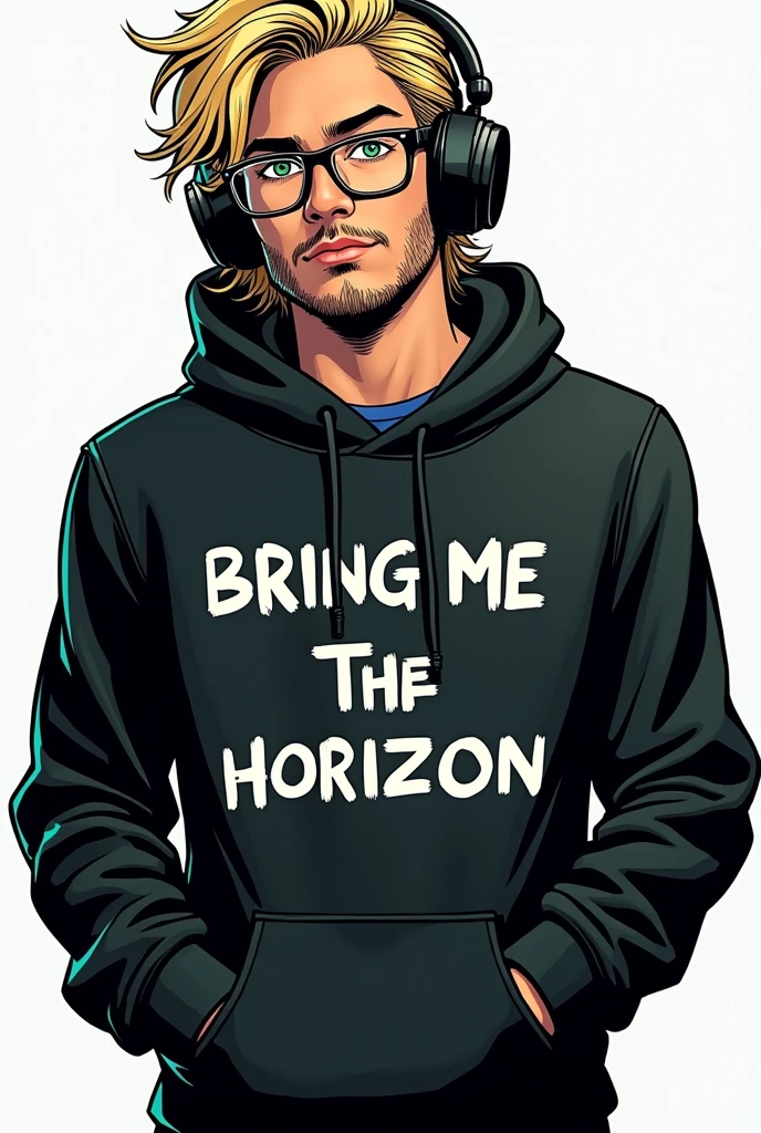 DC Comics style image, sexy 20 year old man, messy haired blonde with green eyes wearing glasses wearing gamer headsets, unshaven beard, with hands in pockets, com um moletom preto escrito Bring Me The Horizon with hands in pockets