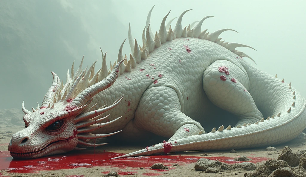 Make a white dragon dying with arrows and weapons the dragon is  in its body its eyes are white in the lifeless make the dragon lying down