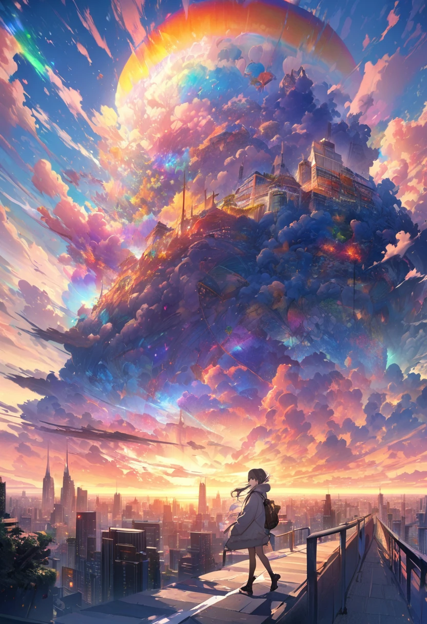 Create exquisite illustrations reminiscent of Makoto Shinkai's style, It has ultra-fine details and top-notch quality. angelic, detailed woman who is walking, woman wearing hoodie, highest billding in city, road, sunrise, horizon, skyline, in the sky, city of clouds, colorful, high-res, 8K