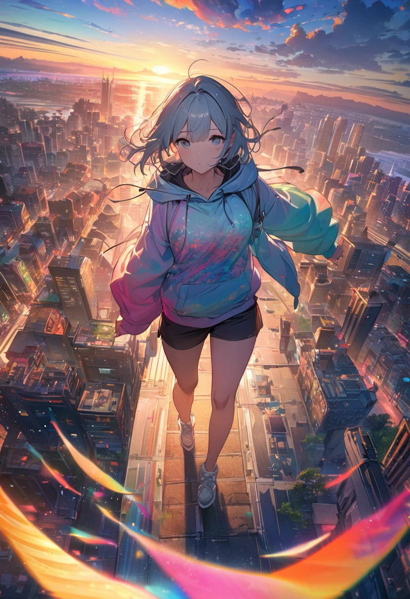 Create exquisite illustrations reminiscent of Makoto Shinkai's style, It has ultra-fine details and top-notch quality. angelic, detailed woman who is walking, woman wearing hoodie, highest billding in city, road, sunrise, horizon, skyline, in the sky, city of clouds, colorful, high-res, 8K