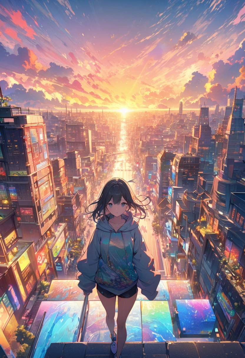 Create exquisite illustrations reminiscent of Makoto Shinkai's style, It has ultra-fine details and top-notch quality. angelic, detailed woman who is walking, woman wearing hoodie,  highest billding in city, road, sunrise, horizon, skyline, in the sky, city of clouds, colorful, high-res, 8K