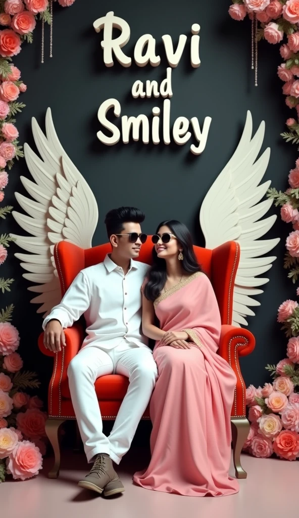 Create a 3D illusion for a profile picture of a 2 couple sitting comfortably in wings chair. The boy is wearing a white shirt pant and sunglasses. And the girl is wearing a pink saree and sunglasses. He is looking ahead. “RAVI” & “SMILEY” are written in big and capital font on the black wall in the background. There should also be beautiful flowers, no shadows, and wings added to show that he or she is an angel.
