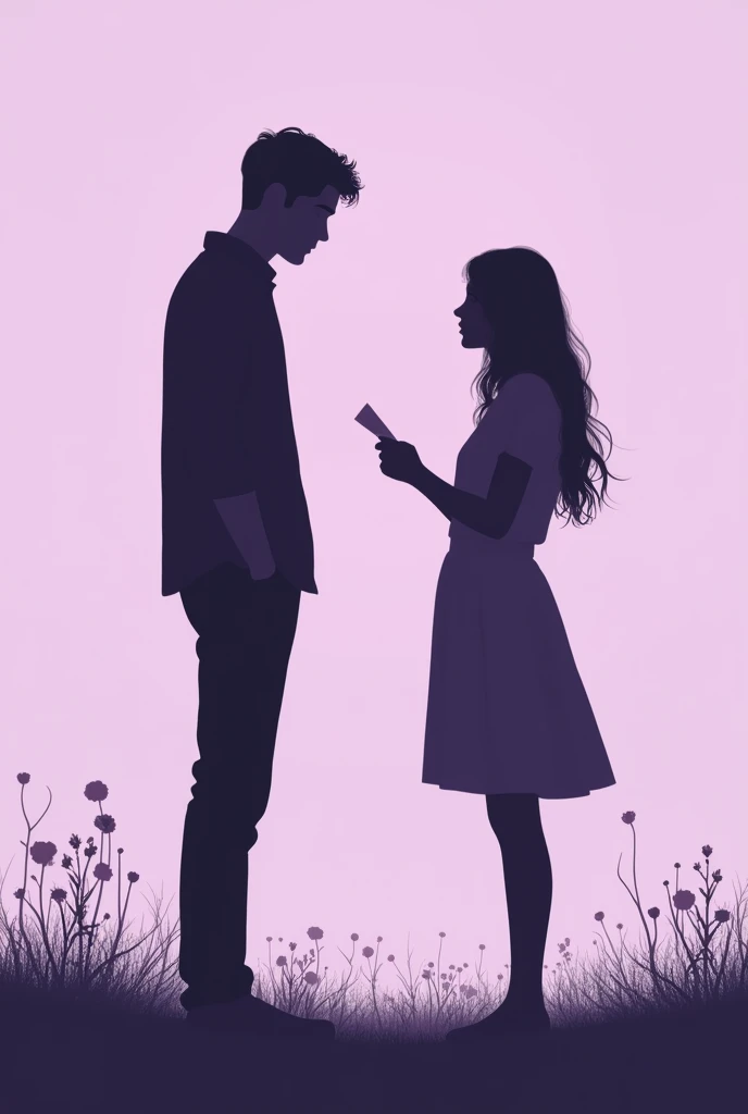 Create the cover of a book where a young couple ends their relationship, a silhouette of a woman and a man, the two young people are sad, the cover is lilac,The book talks about a letter that the girl writes every day while waiting for her boyfriend to return. No letters on the cover