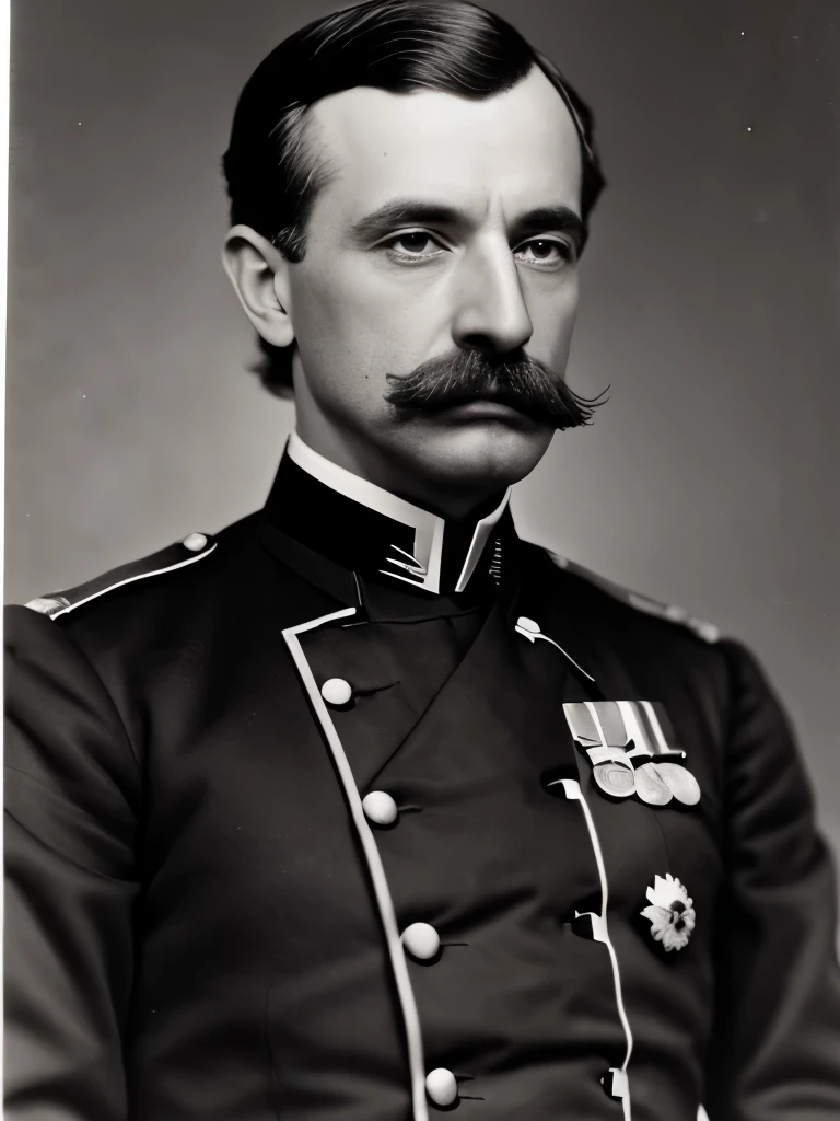 a black and white photo of a man in uniform with a mustache, mathew brady photo, by Henry Ives Cobb, Jr., charles o. perry, charles theodore frere, by Charles Fremont Conner, gustave bauman, henry taylor, dougherty patrick, by Henry Otto Wix, by Julius Exner, charles perry, by Joseph Dwight Strong, with trimmed mustache