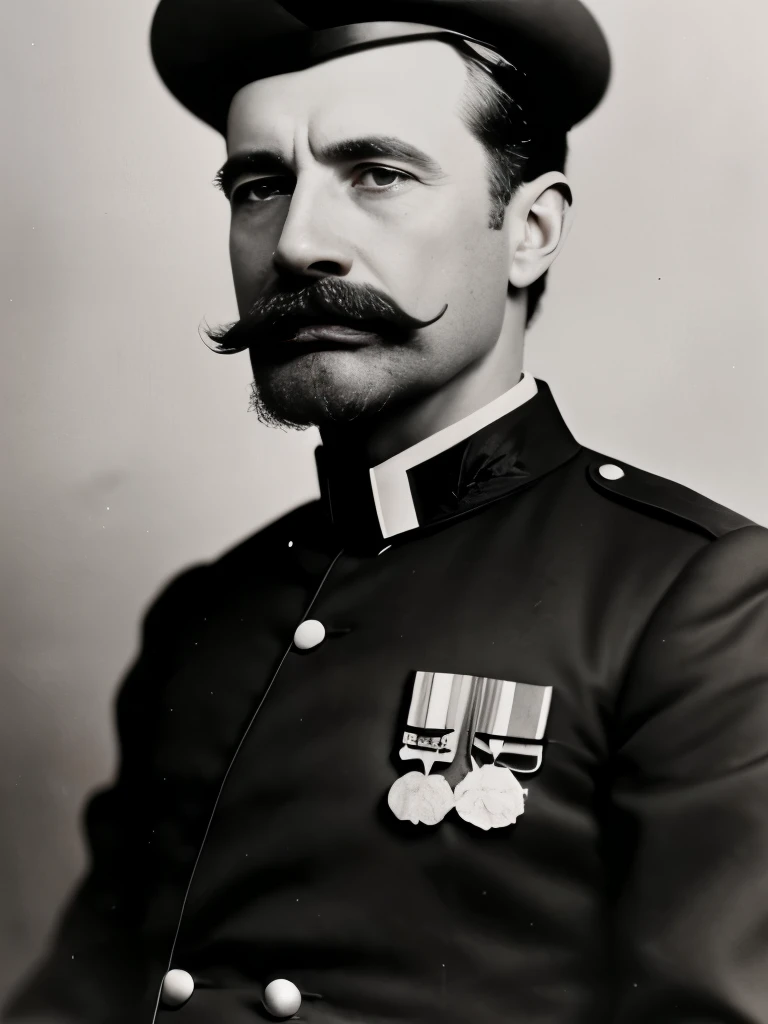 a black and white photo of a man in uniform with a mustache, mathew brady photo, by Henry Ives Cobb, Jr., charles o. perry, charles theodore frere, by Charles Fremont Conner, gustave bauman, henry taylor, dougherty patrick, by Henry Otto Wix, by Julius Exner, charles perry, by Joseph Dwight Strong, with trimmed mustache