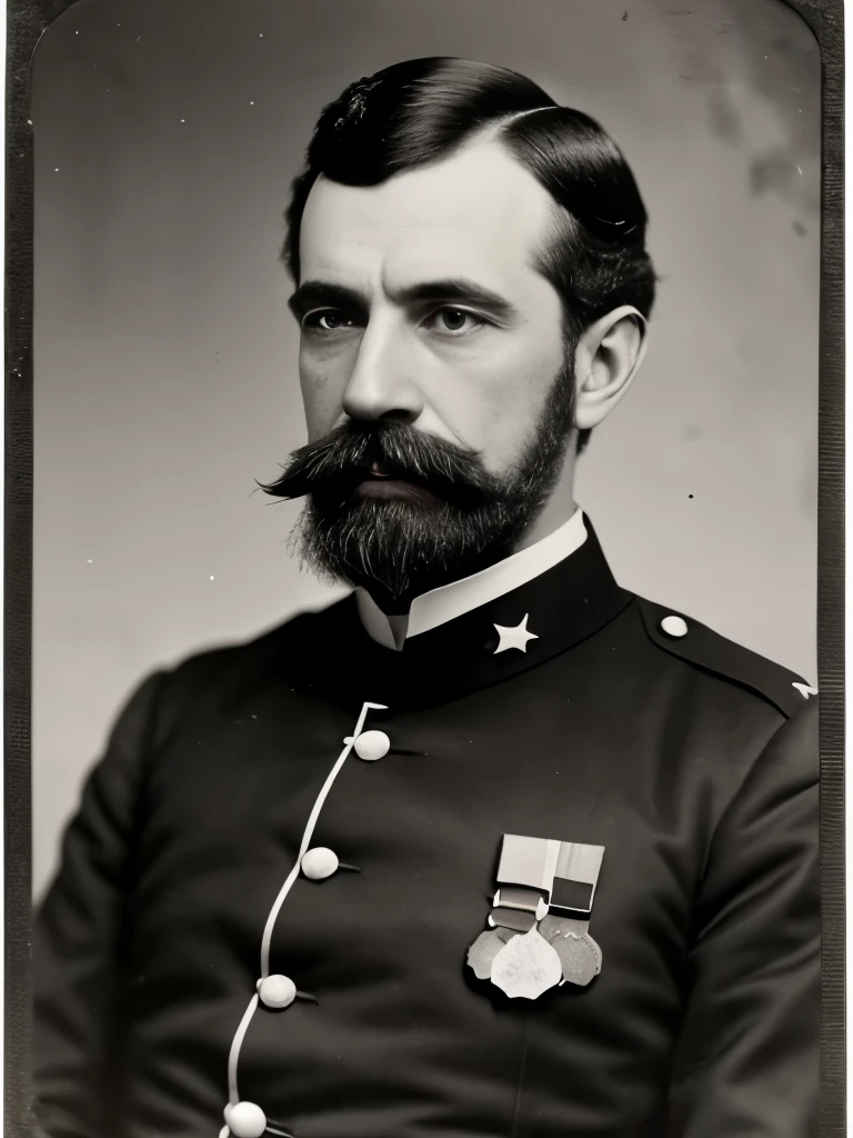 a black and white photo of a man in uniform with a mustache, mathew brady photo, by Henry Ives Cobb, Jr., charles o. perry, charles theodore frere, by Charles Fremont Conner, gustave bauman, henry taylor, dougherty patrick, by Henry Otto Wix, by Julius Exner, charles perry, by Joseph Dwight Strong, with trimmed mustache